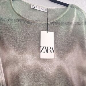 Zara Sheer Green and Cream Sweater